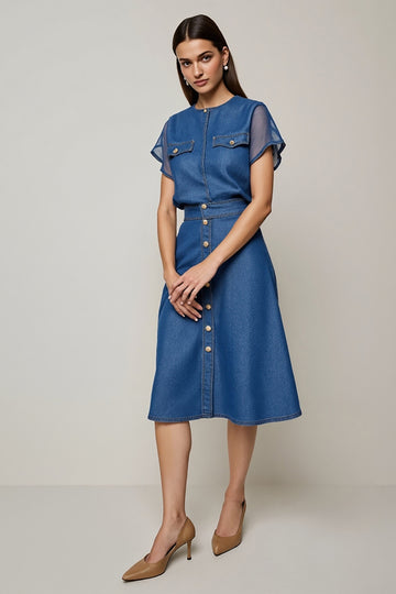 A Line Grey Blue Work Dress with Short Sleeves